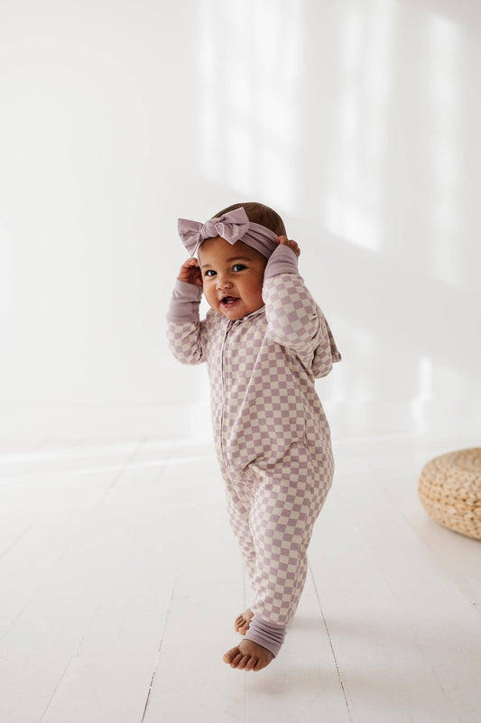 Hooded Zip Romper | Lavender Checkered Bamboo