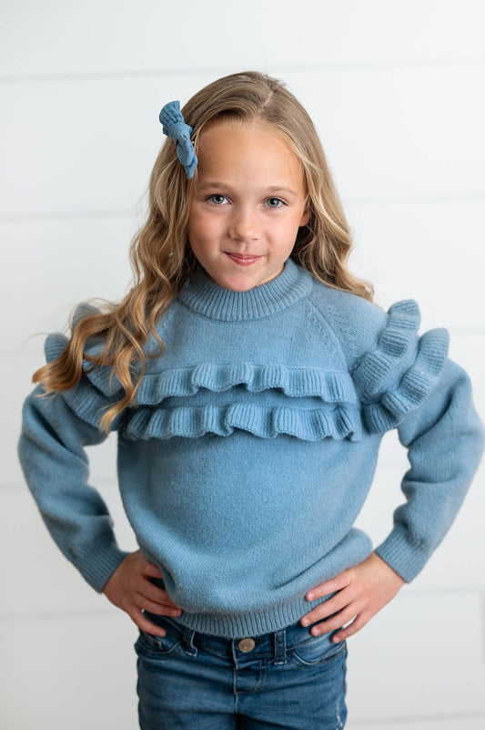 Double Ruffle Crew Neck Sweater | Dusty Blue