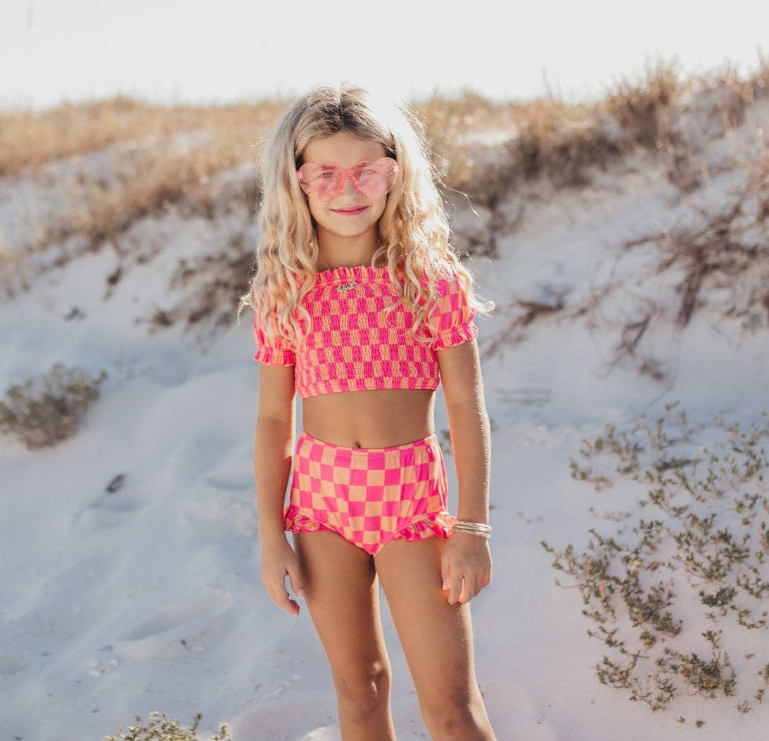 Ruched Two-Piece Swimsuit | Pink Checkered