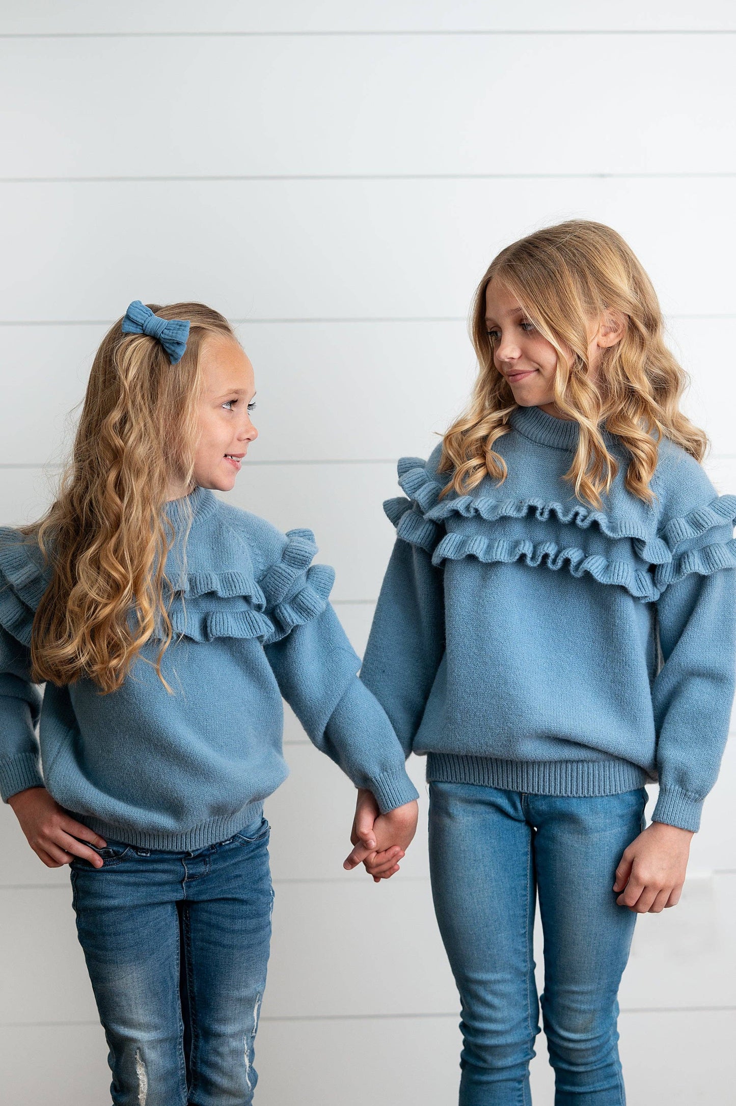 Double Ruffle Crew Neck Sweater | Dusty Blue