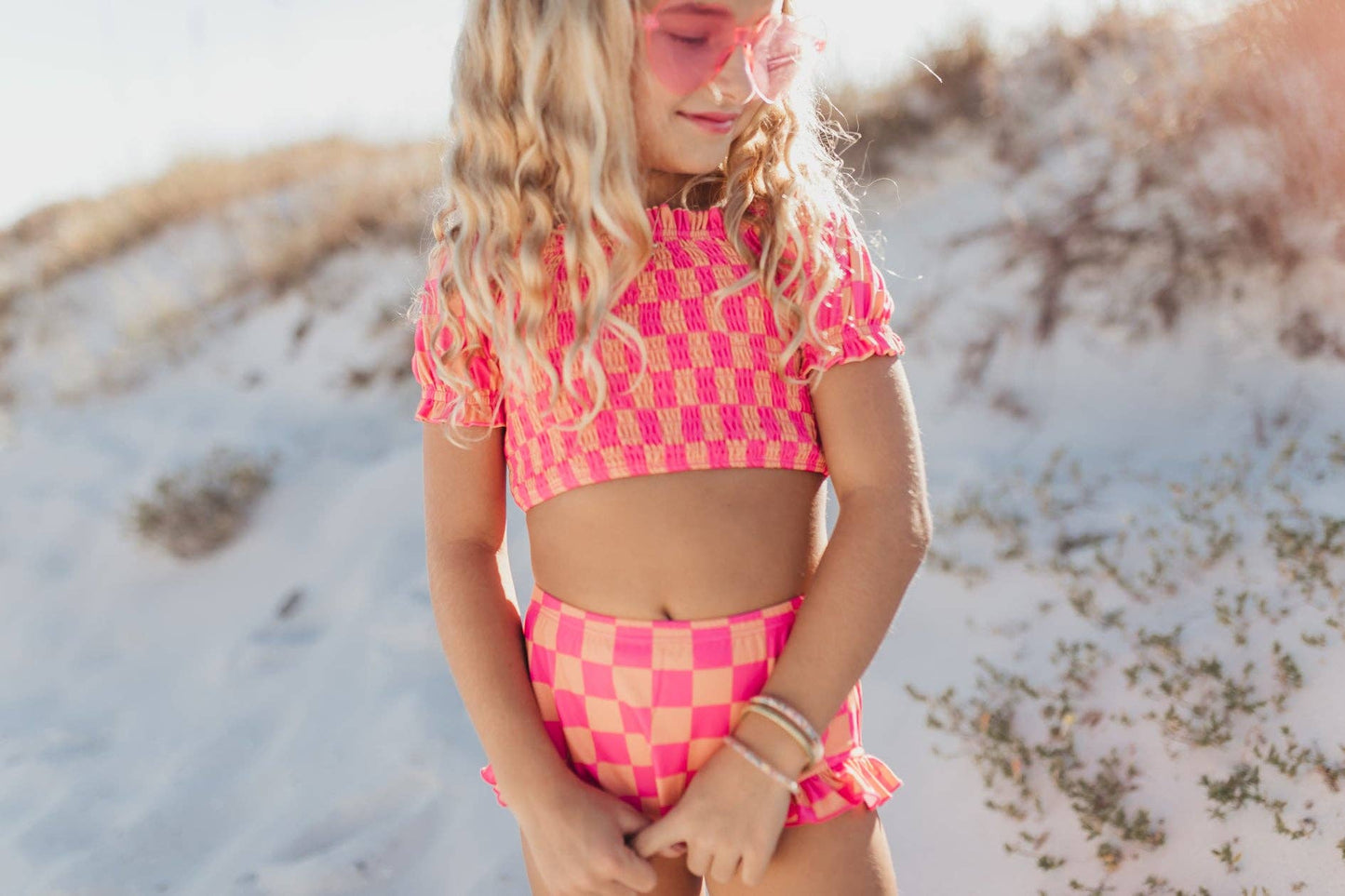 Ruched Two-Piece Swimsuit | Pink Checkered
