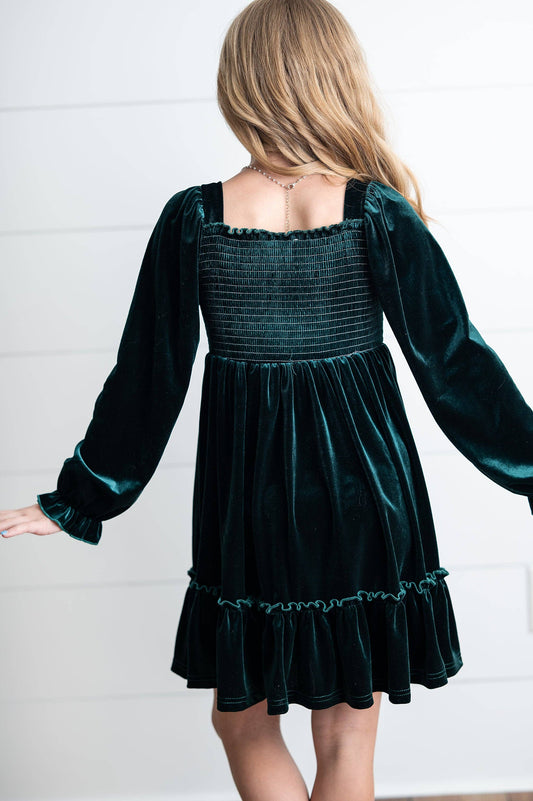 Smocked Velvet Dress | Dark Green