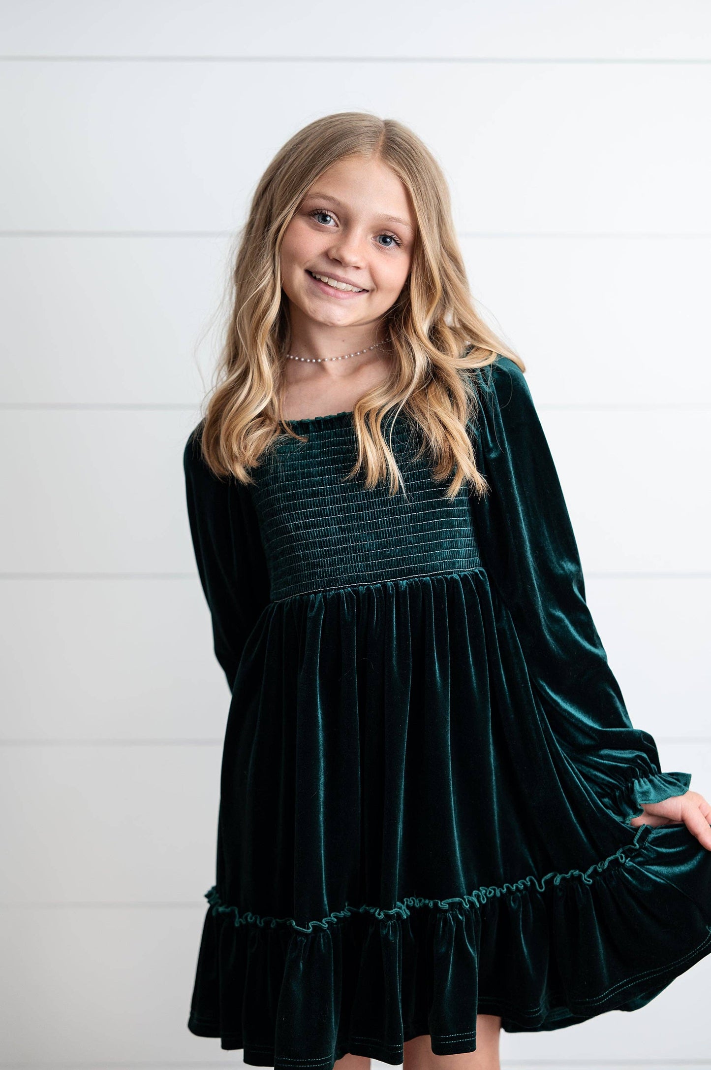 Smocked Velvet Dress | Dark Green