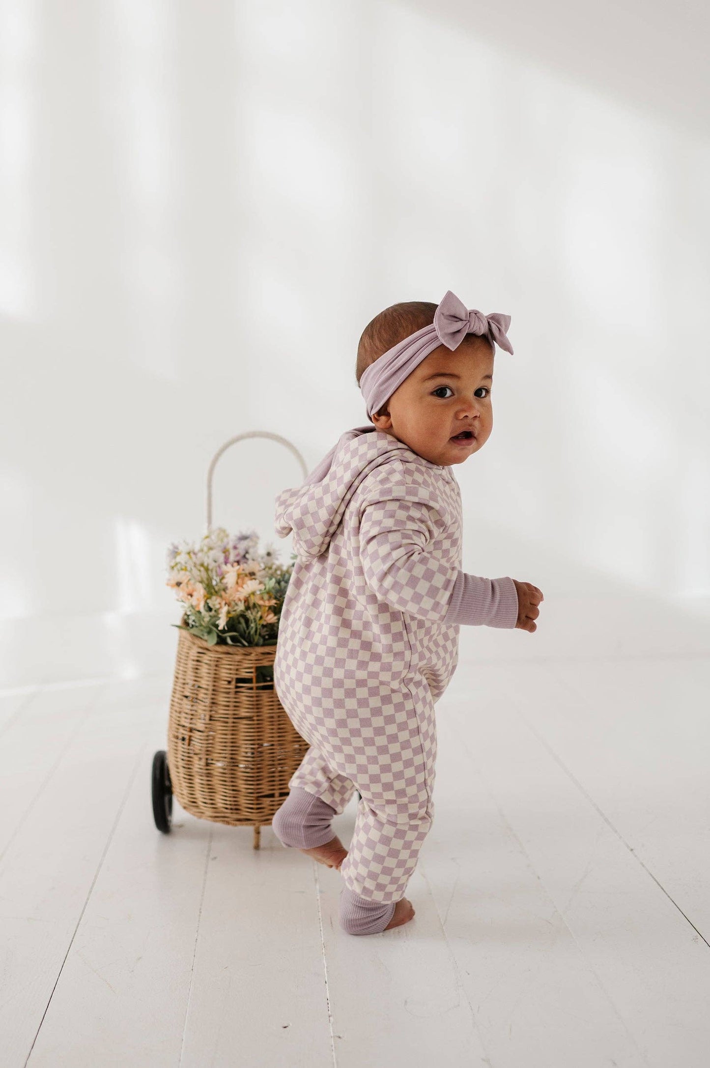 Hooded Zip Romper | Lavender Checkered Bamboo
