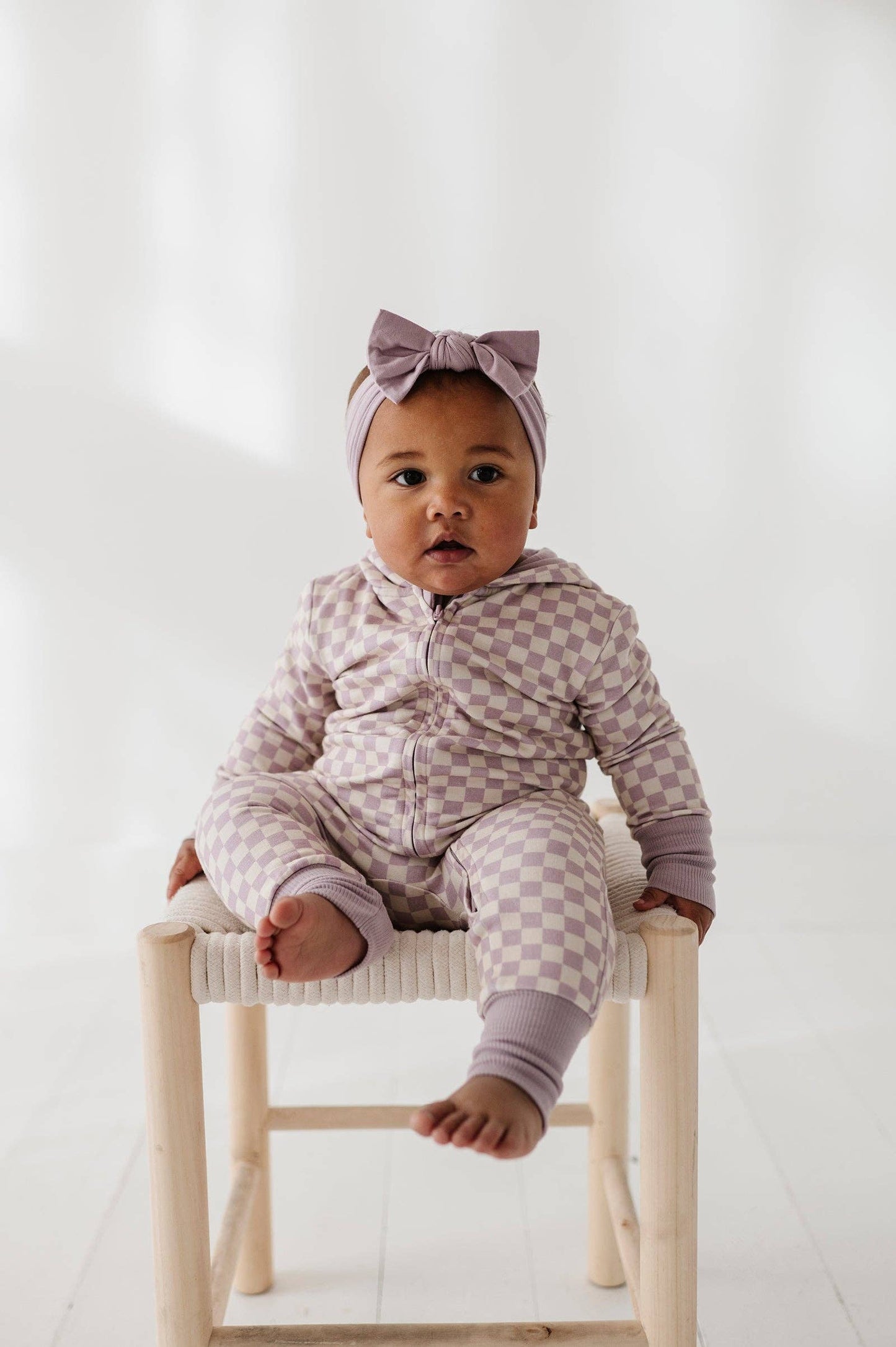 Hooded Zip Romper | Lavender Checkered Bamboo