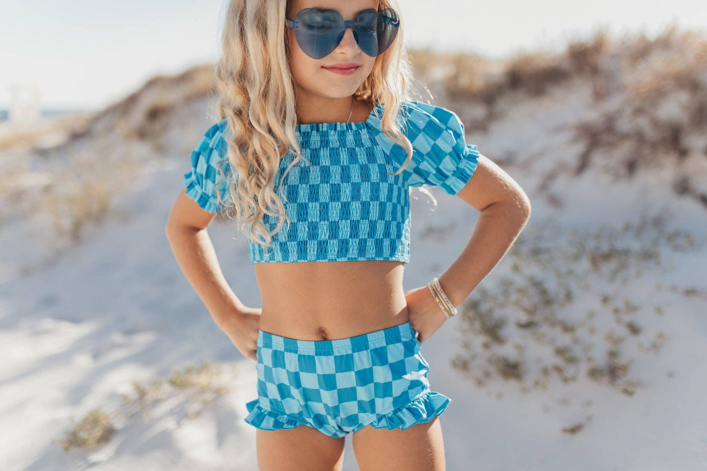 Ruched Two-Piece Swimsuit | Turquoise Checkered