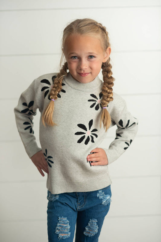 Flower Crew Neck Sweater | Light Gray