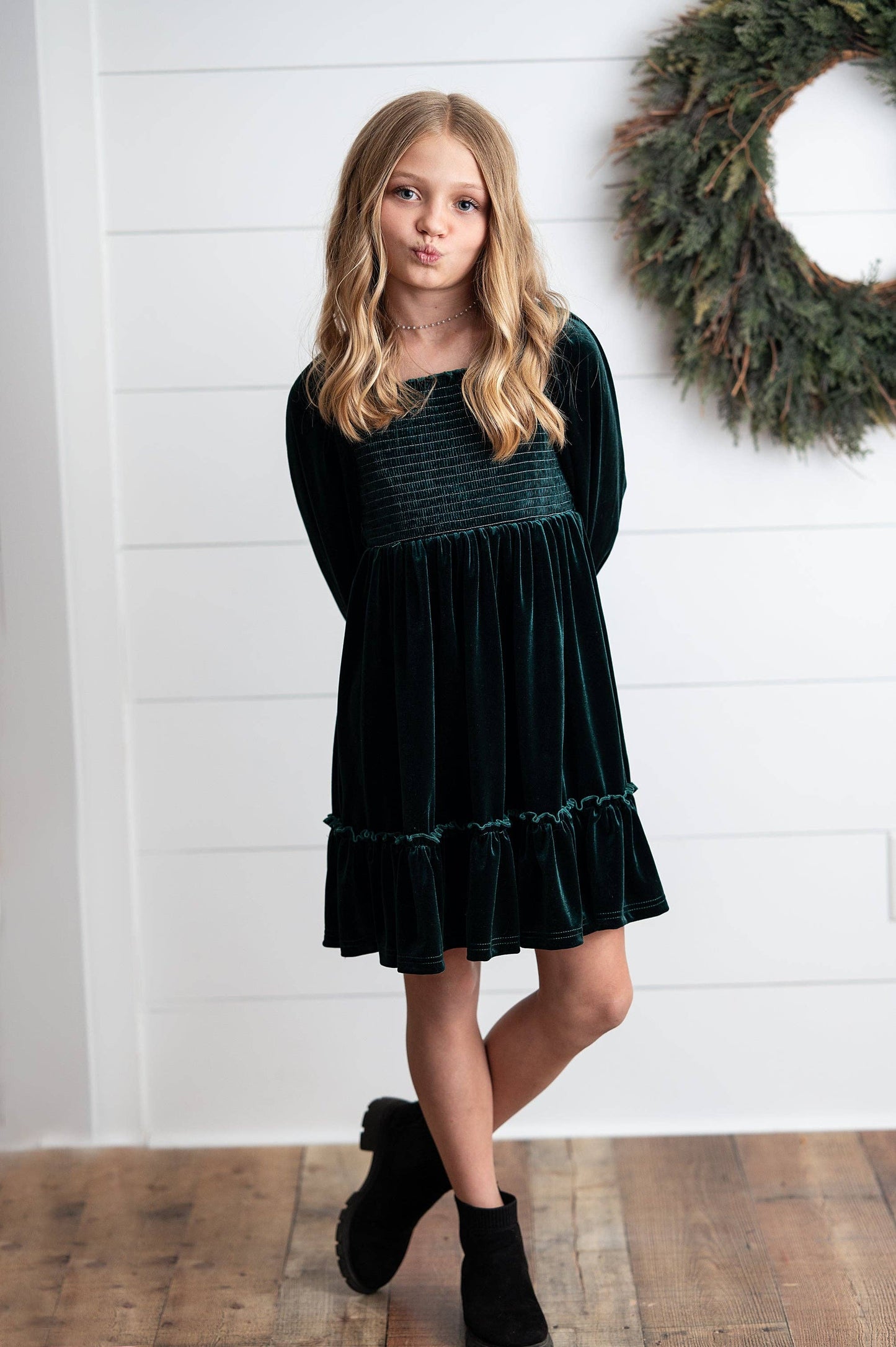Smocked Velvet Dress | Dark Green