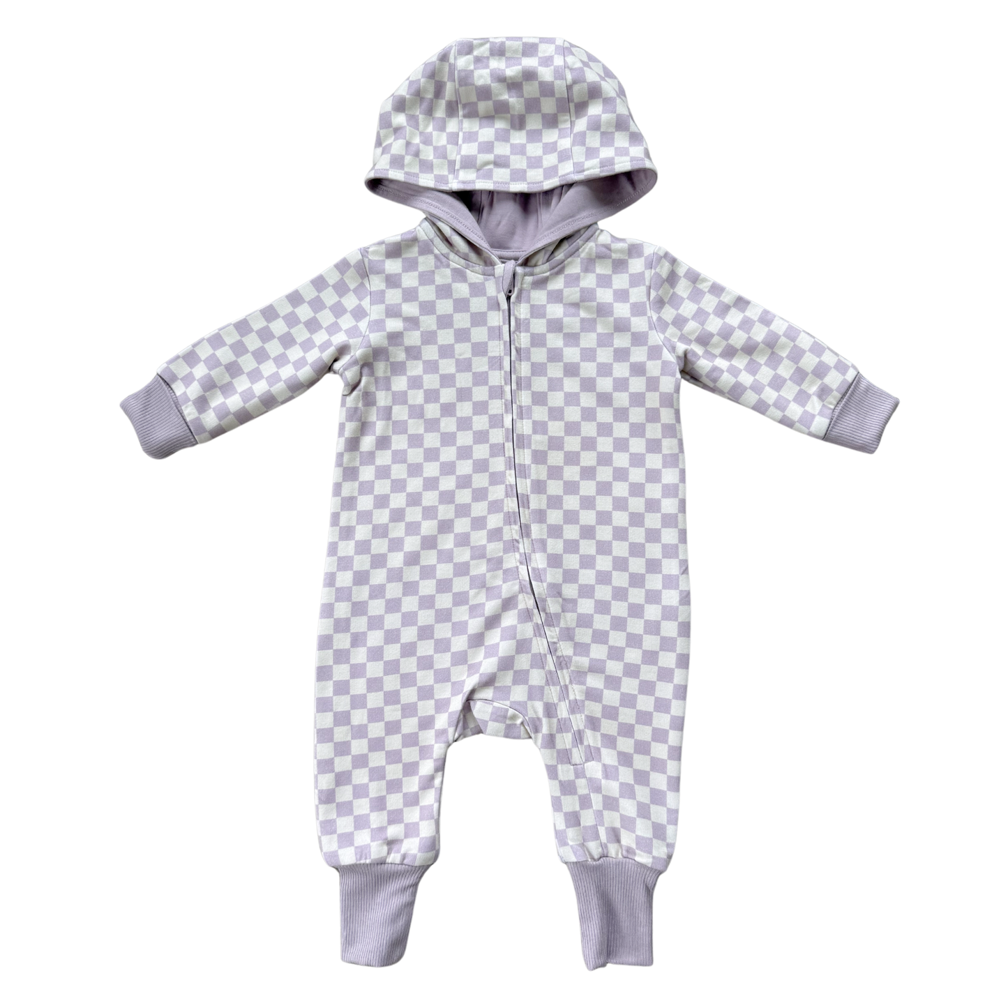 Hooded Zip Romper | Lavender Checkered Bamboo