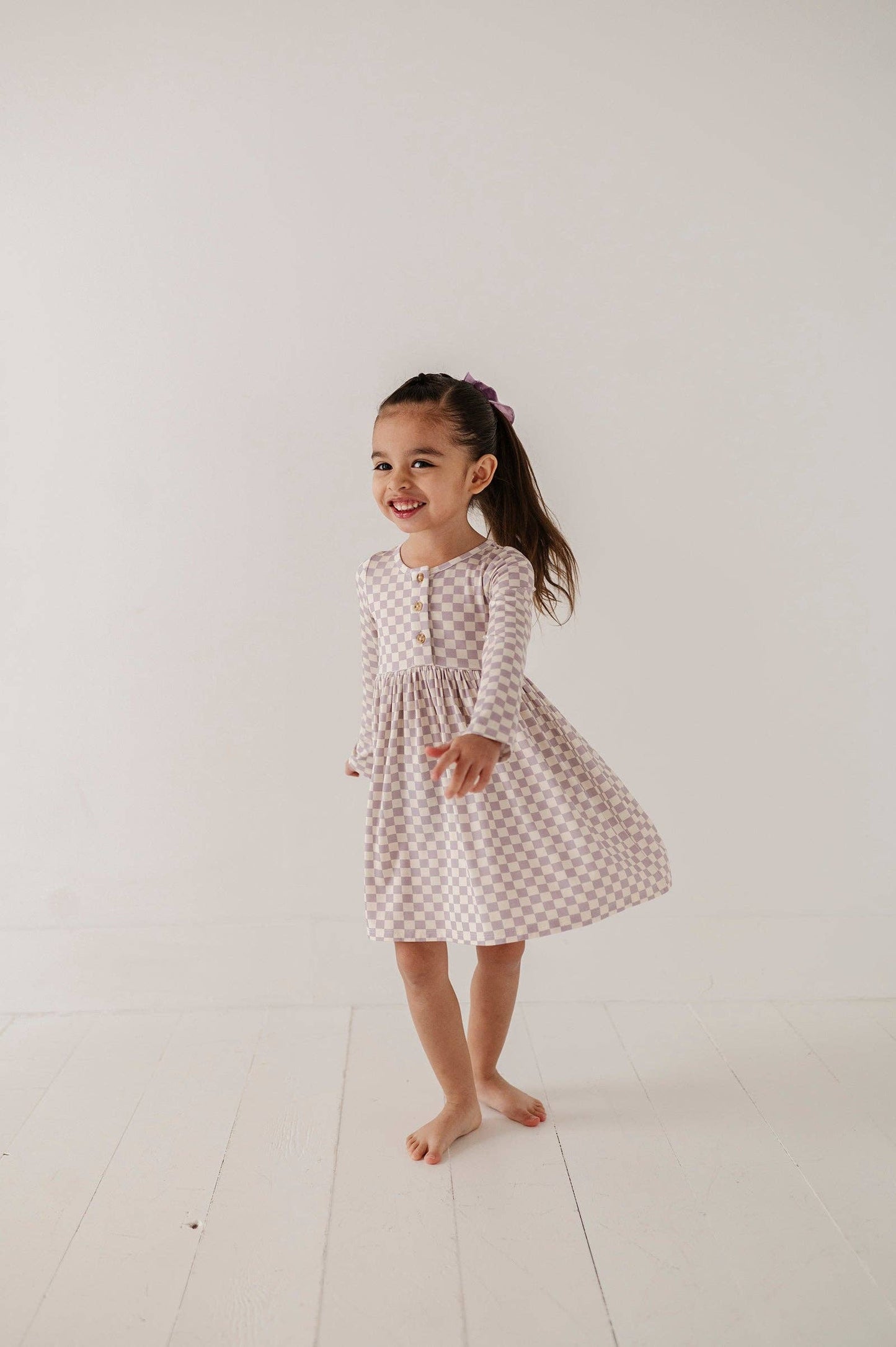 Long Sleeve Henley Dress | Purple Checkered Bamboo