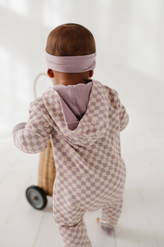 Hooded Zip Romper | Lavender Checkered Bamboo
