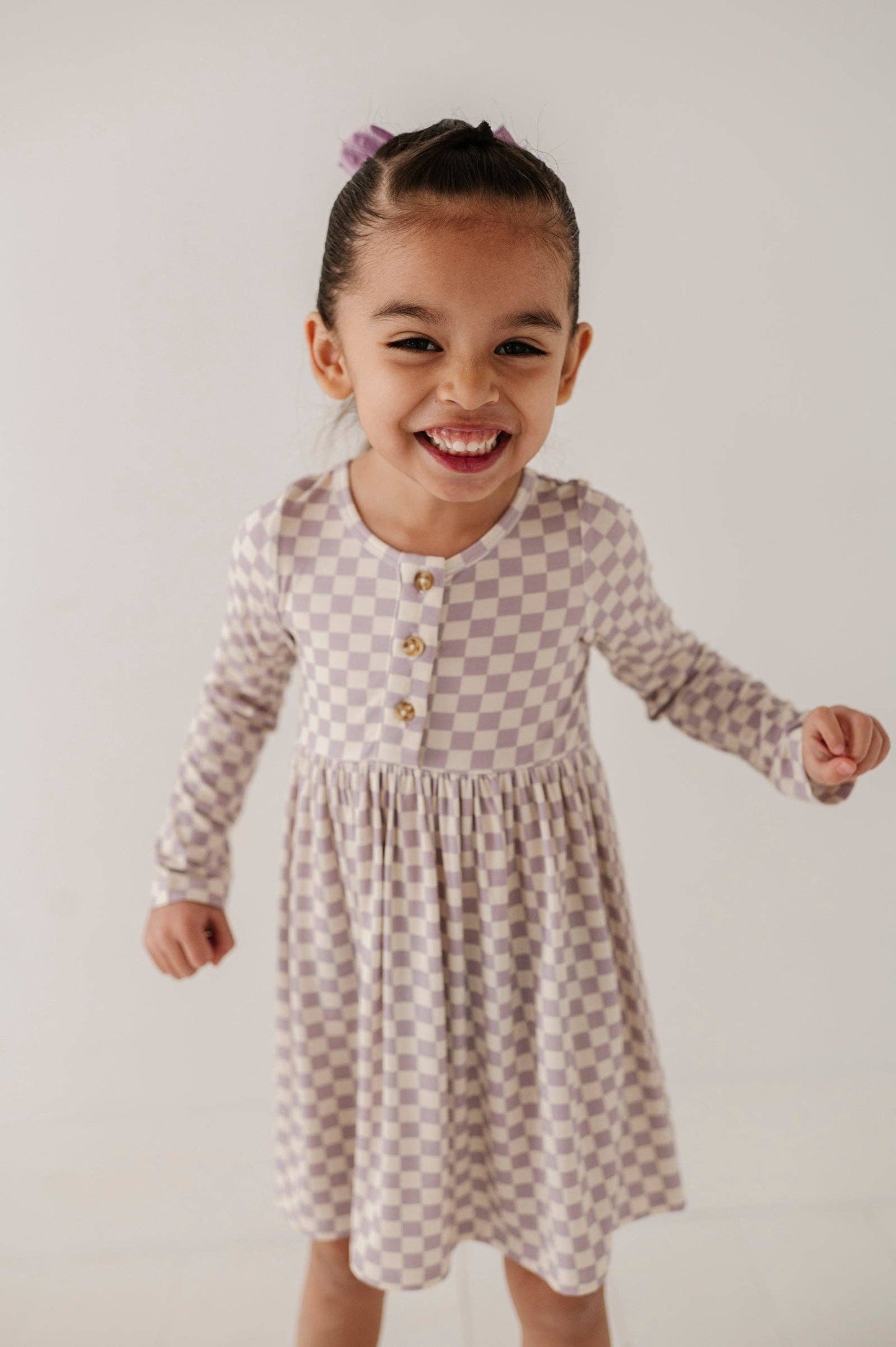 Long Sleeve Henley Dress | Purple Checkered Bamboo