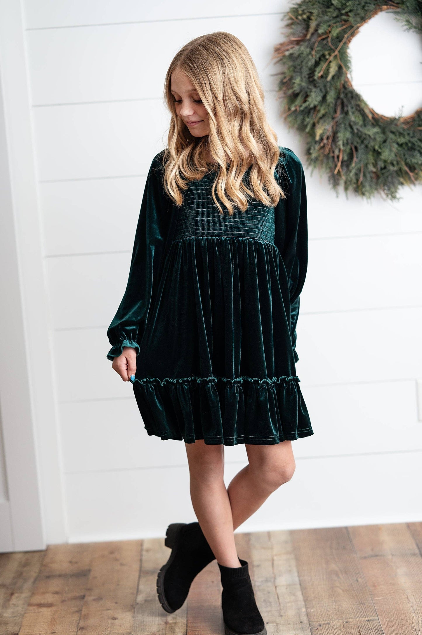 Smocked Velvet Dress | Dark Green