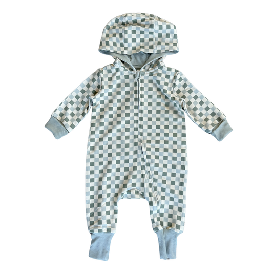 Hooded Zip Romper | Fern Checkered Bamboo