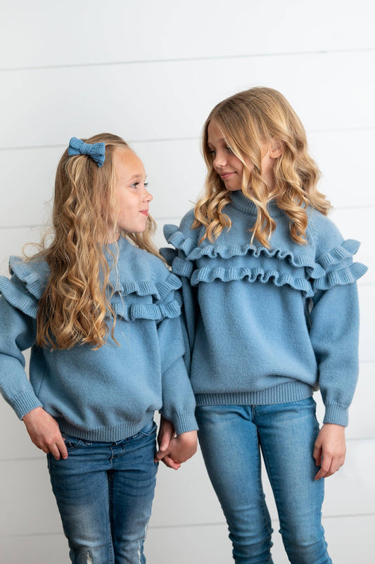 Double Ruffle Crew Neck Sweater | Dusty Blue