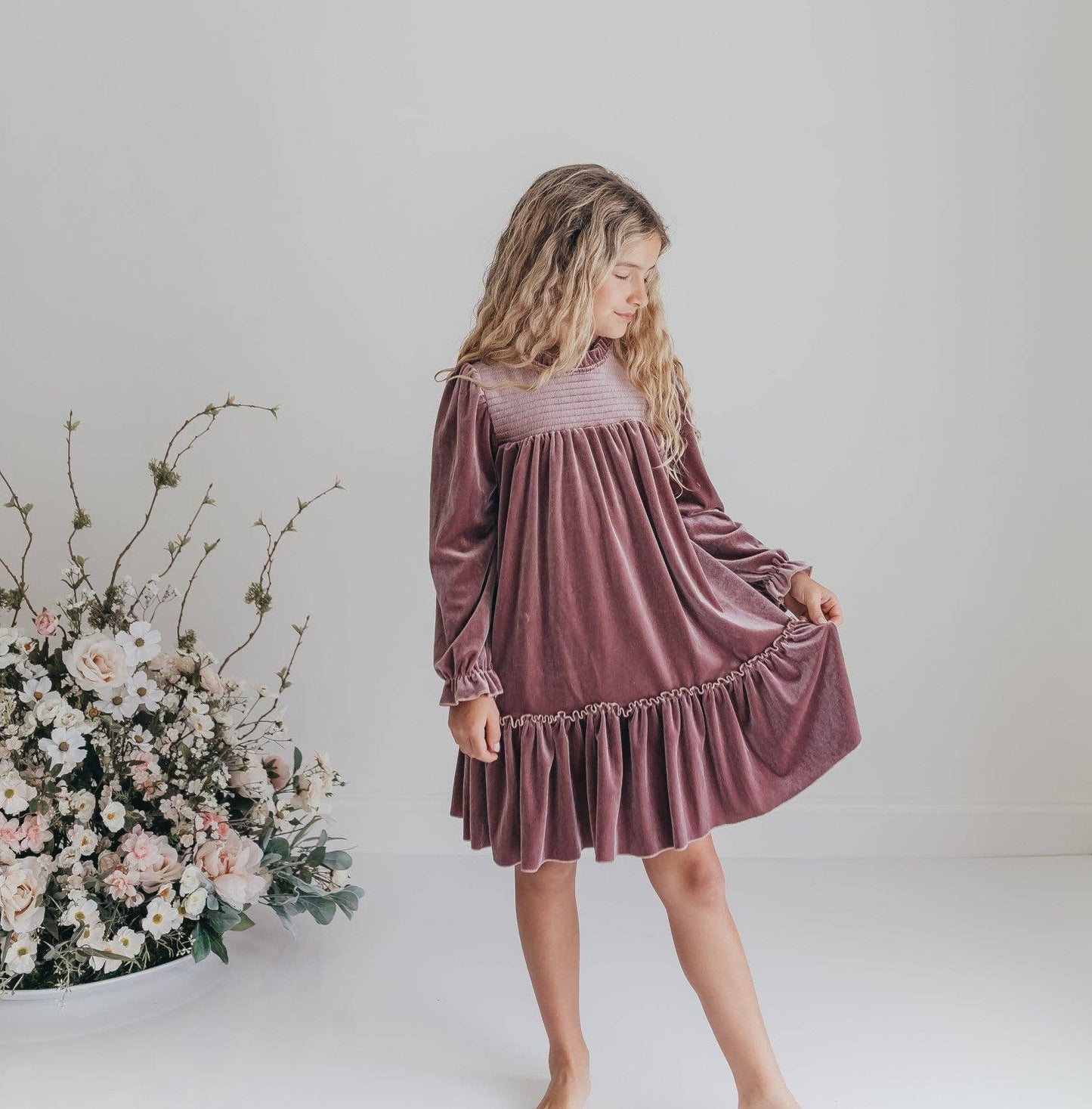 Smocked Velvet Dress | Dusty Rose