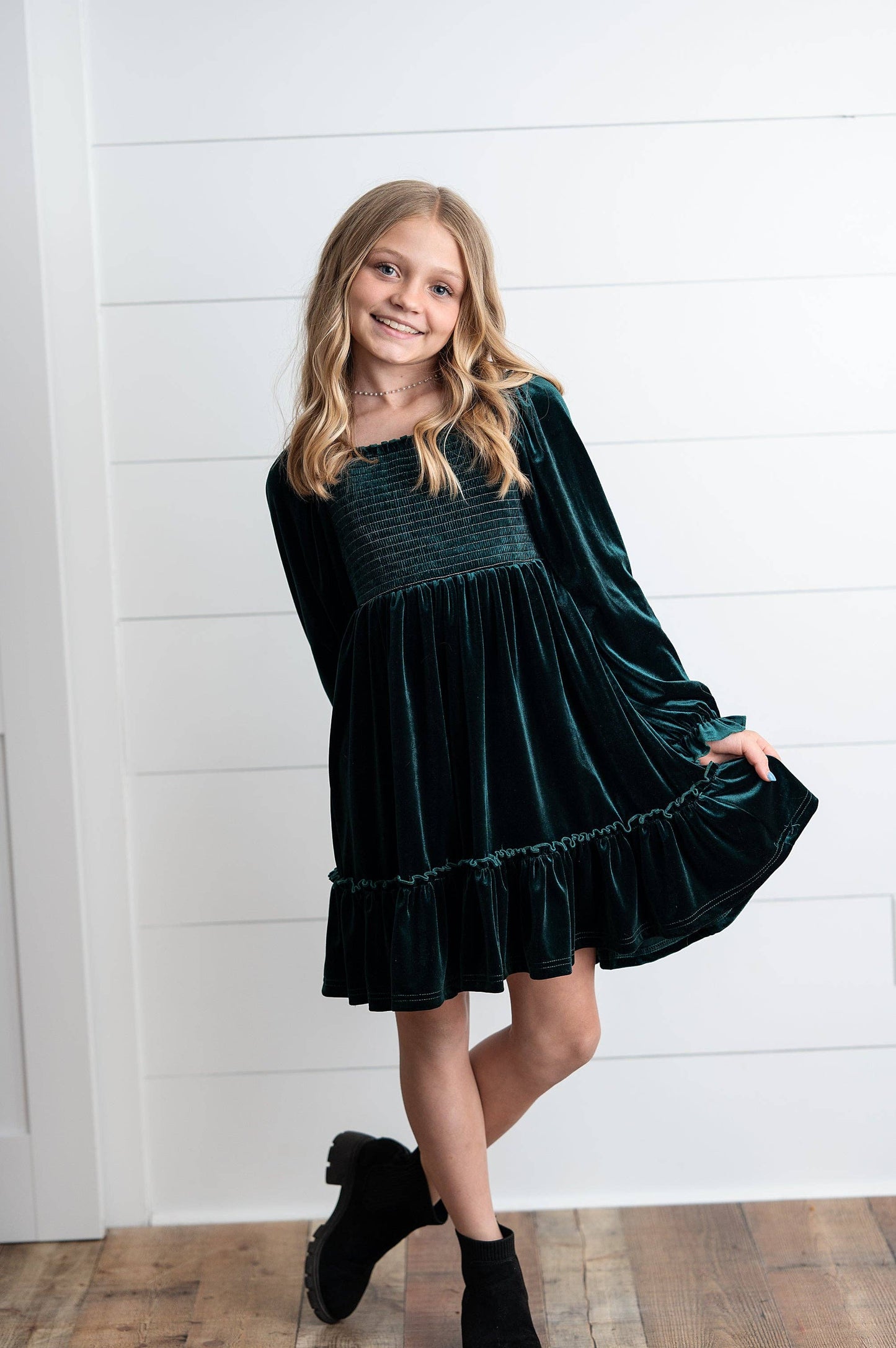 Smocked Velvet Dress | Dark Green