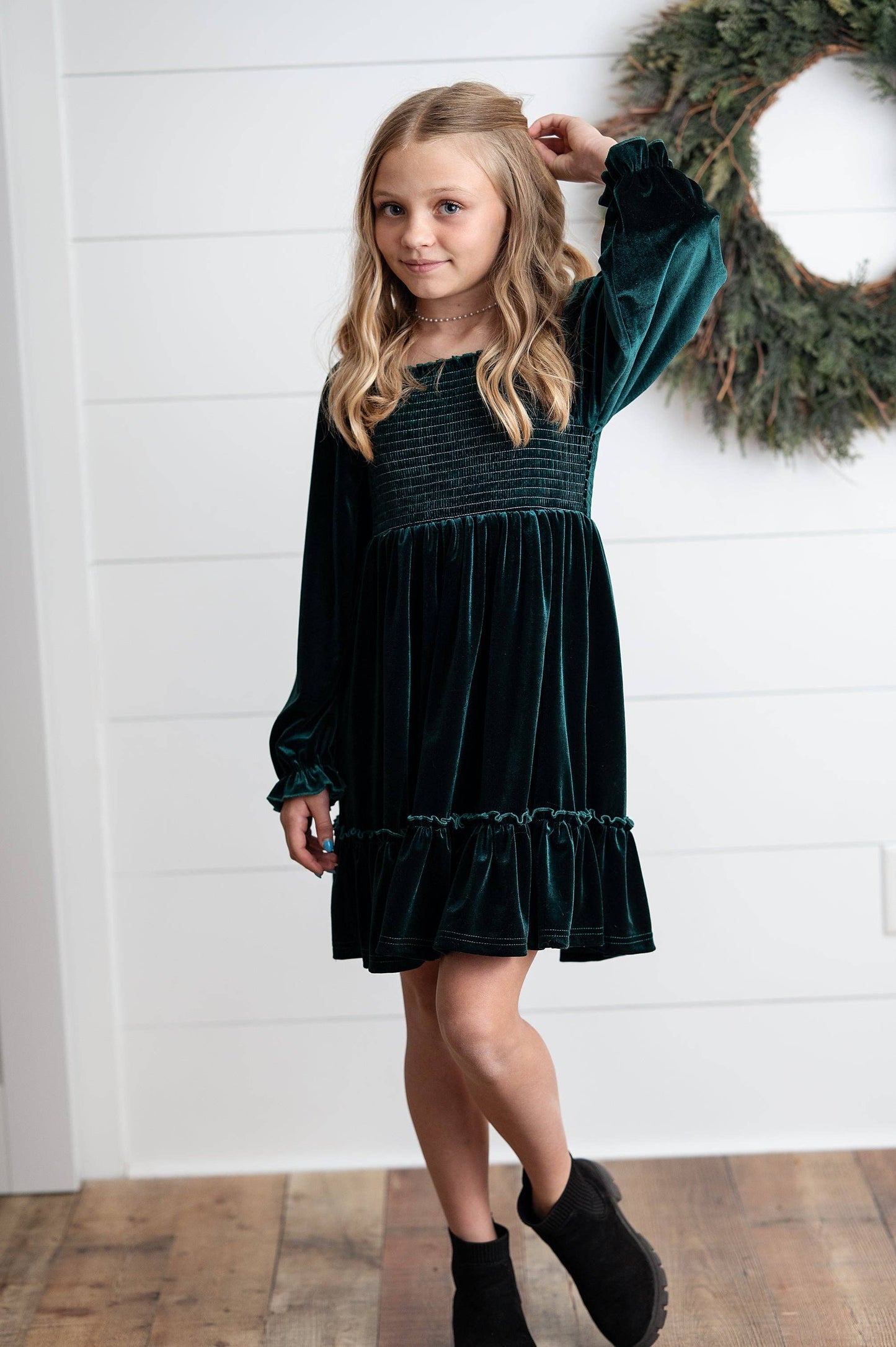 Smocked Velvet Dress | Dark Green