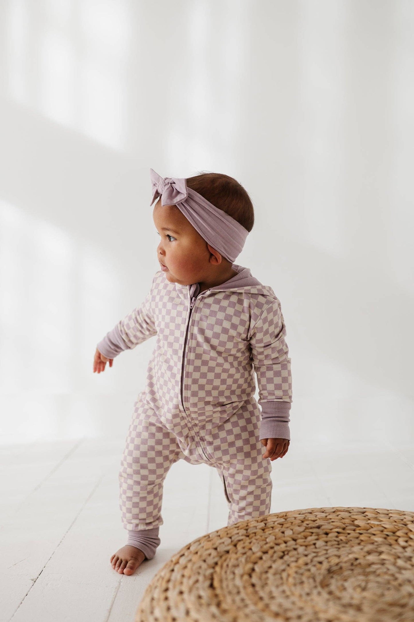Hooded Zip Romper | Lavender Checkered Bamboo