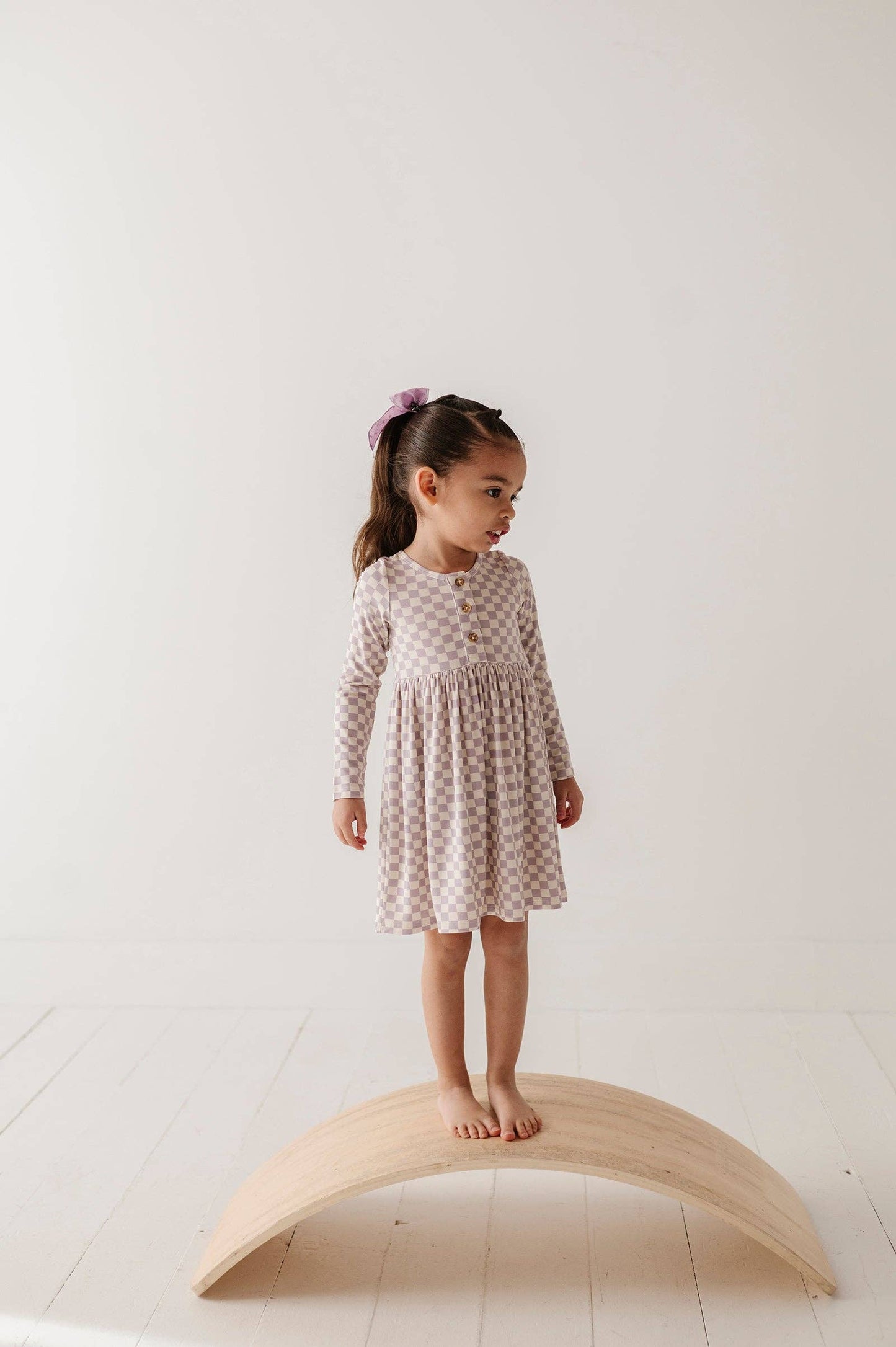 Long Sleeve Henley Dress | Purple Checkered Bamboo