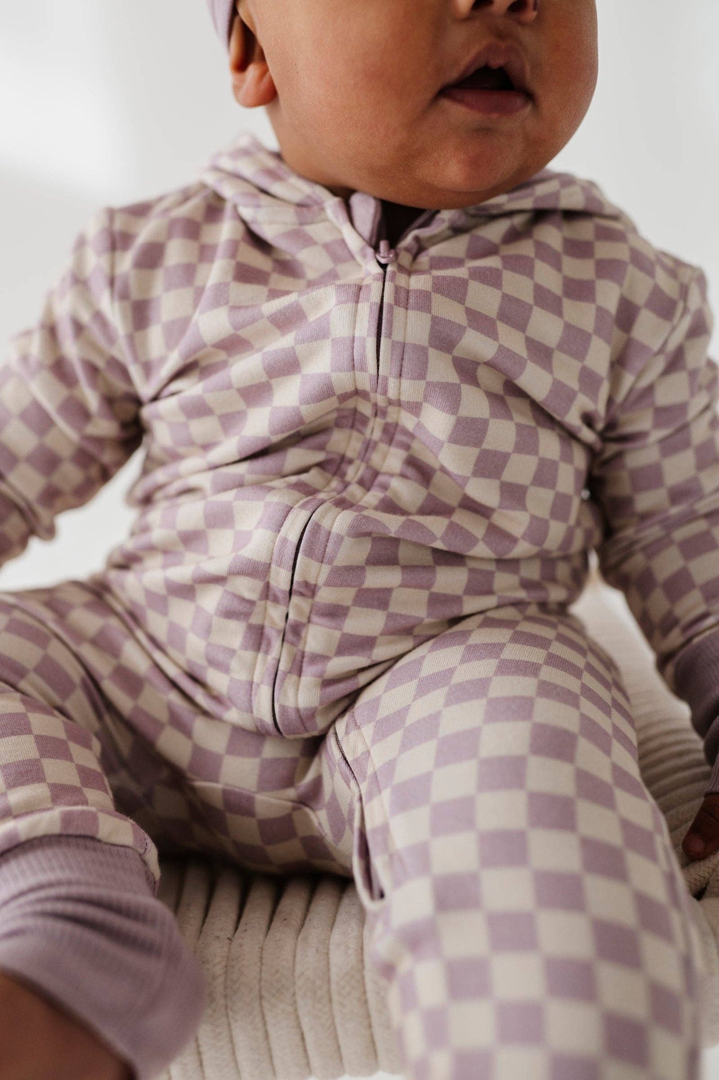 Hooded Zip Romper | Lavender Checkered Bamboo
