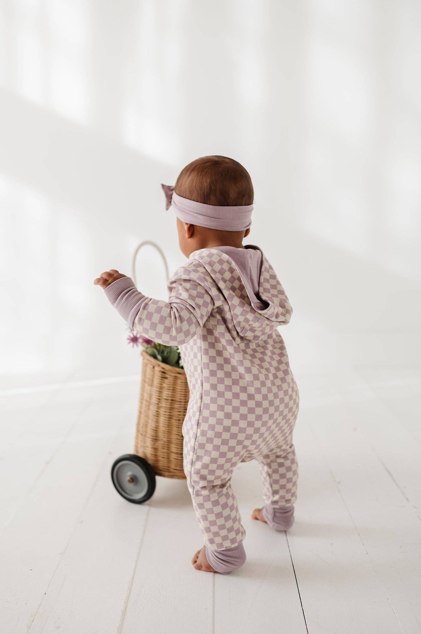 Hooded Zip Romper | Lavender Checkered Bamboo